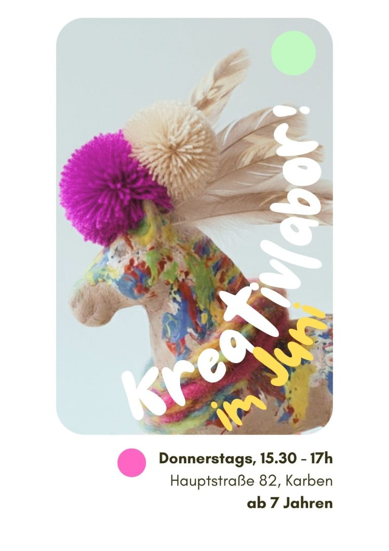 Kinderkunst, prozessorientiert, Kunstpädagogik Bunt bemalter, dekorativer Pferdekopf mit einem lila Pompon, daneben steht „Kreativlabor!" Kinderkunst, prozessorientiert, Kunstpädagogik